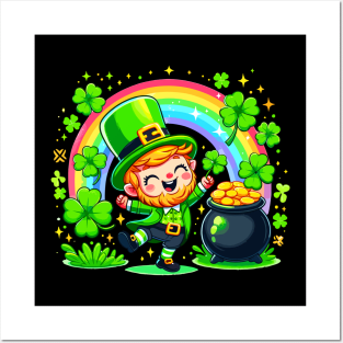 A cute Irish Lad dancing an Irish jig celebrates St Patrick's Day with a rainbow pot of gold and shamrocks Irish Pride Irish American four leaf clovers Irish dance Posters and Art